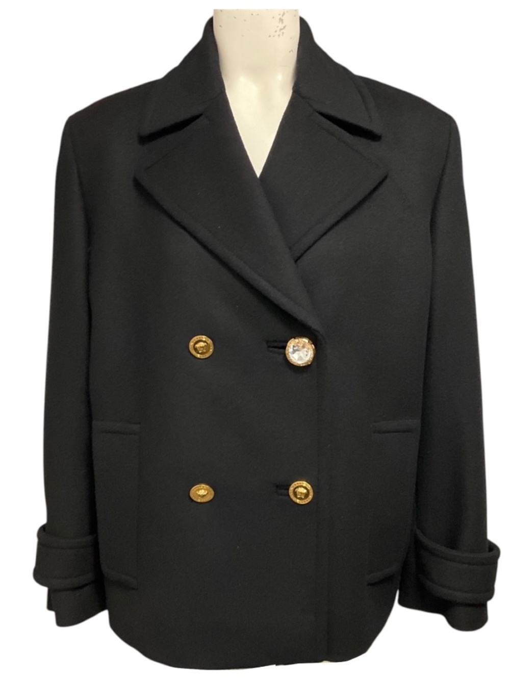 VERSACE BLACK DOUBLE BREASTED WOOL PEA COAT WITH GOLD MEDUSA MEDALLION AND CRYST